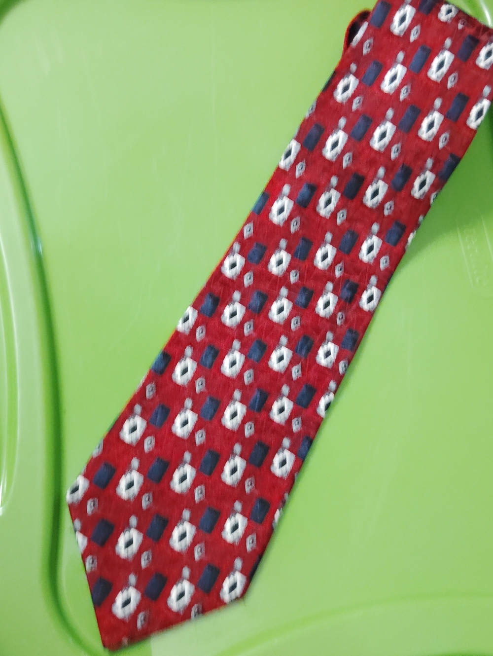 George Red Geometric Pattern Tie with Navy and White Accents